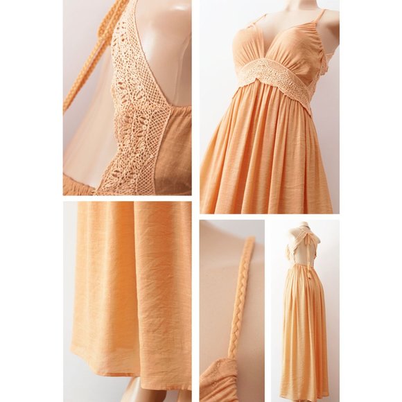 Yellow Crochet Lace Open Back Halter Maxi Dress - Picture 5 of 10